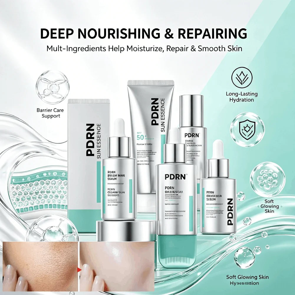 PDRN Skin Care Set Peptide Collagen Ampoule Essence Firming Deep Moisturizing Anti-Aging Serum SPF50 PA++++ Glow Sunscreen