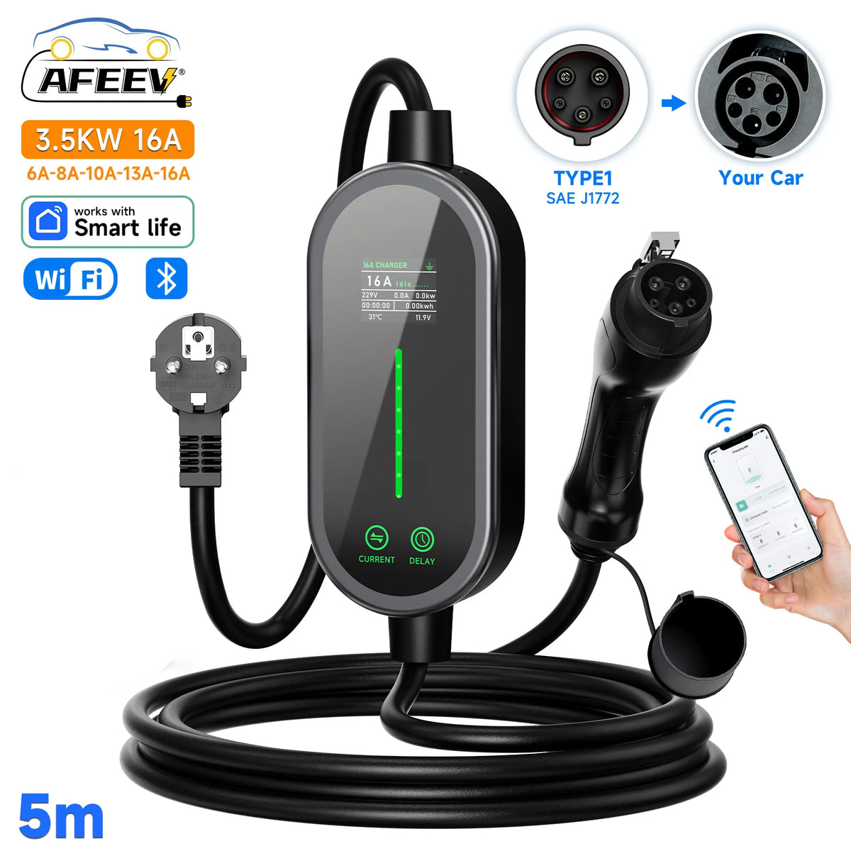 AFEEV Electric Car Charger Type2 Portable Charger 3.5KW 16A Type 1 EVSE EV Charger GBT Wallbox WiFi APP Bluetooth Control