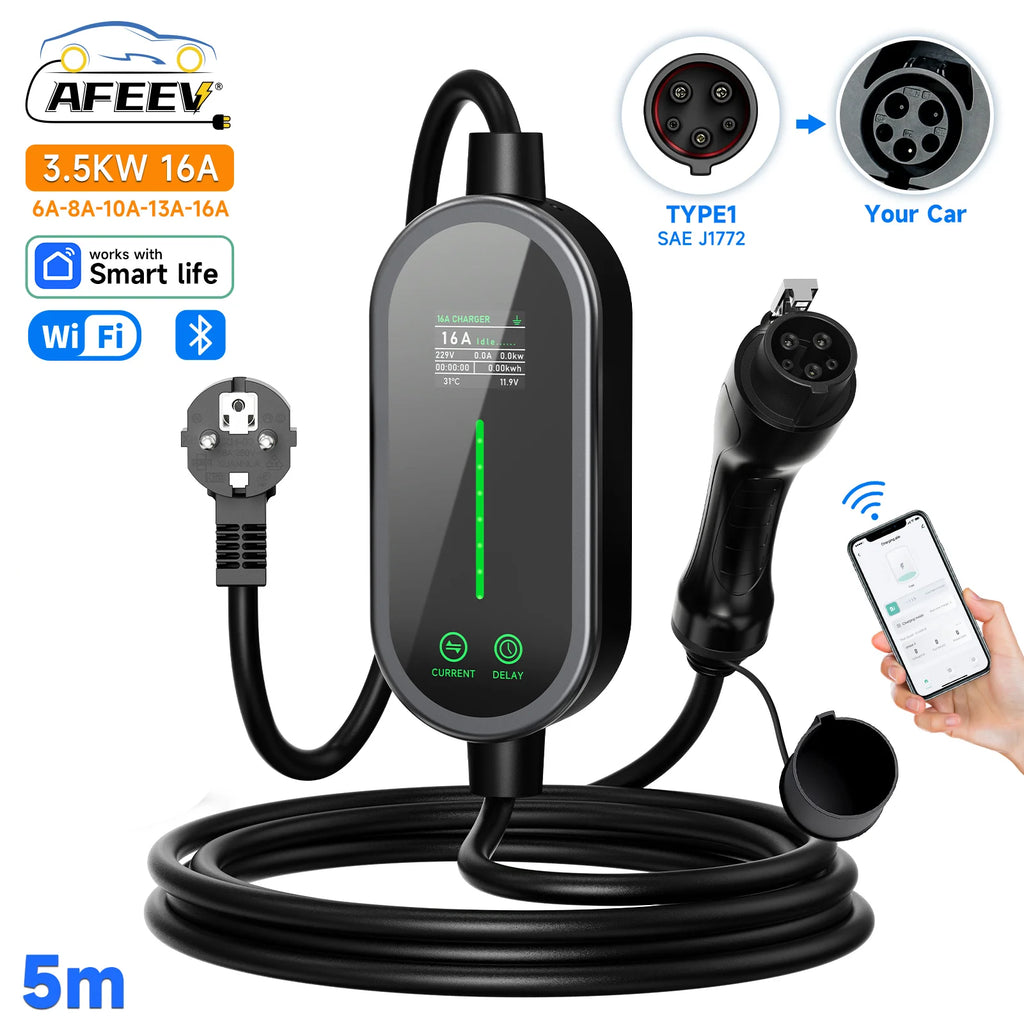 AFEEV Electric Car Charger Type2 Portable Charger 3.5KW 16A Type 1 EVSE EV Charger GBT Wallbox WiFi APP Bluetooth Control