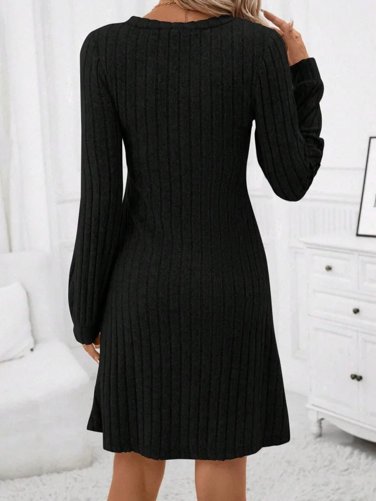 Spring 2026 Commuter Style Fleece Dress High Waist Slim Fit Midi Skirt Women's V-neck Long Sleeve Polyester Knitted Dress