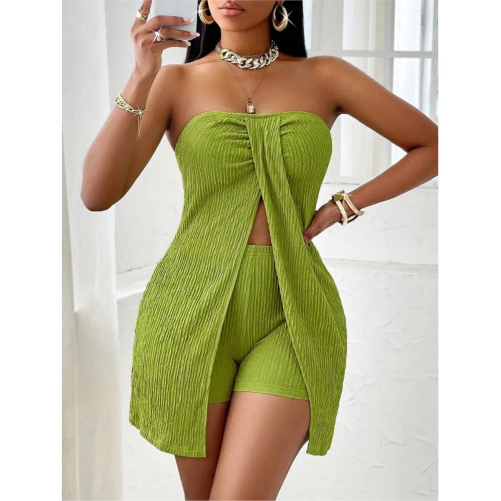 Wrapped Chest Top Shorts Two-piece Set Summer Women's New Solid Color Sleeveless Casual Long Slit Top Shorts Set Костюм Женский