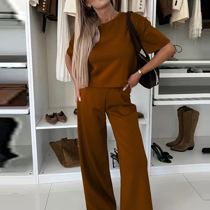 Women Fashion Simple Solid 2 Piece Sets Elegant O-neck Pullover Tops & Long Pant Suits Casual Short Sleeve Loose Summer Outfits
