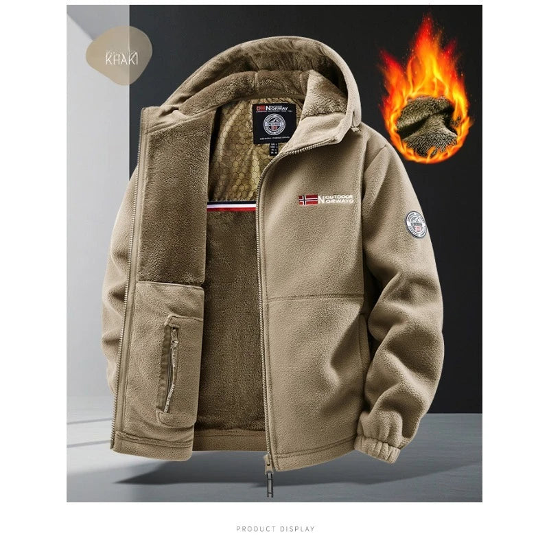 CHUJIE Men's autumn and winter fleece fashion graphenewarm hooded jacket outdoor hiking sports with thick fleece cardigan jacket