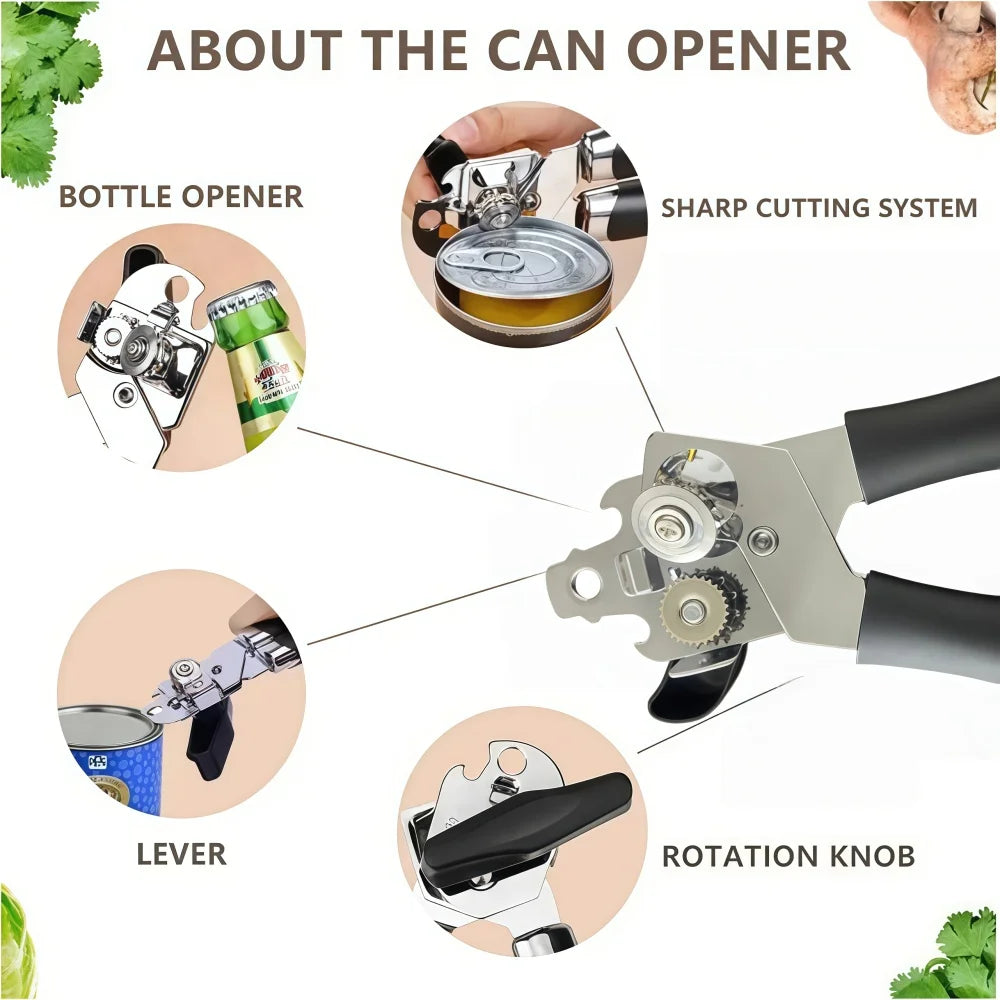 Multifunctional Stainless Steel Can Opener with Grip Side Cut Professional Kitchen Gadget for Tins And Bottles