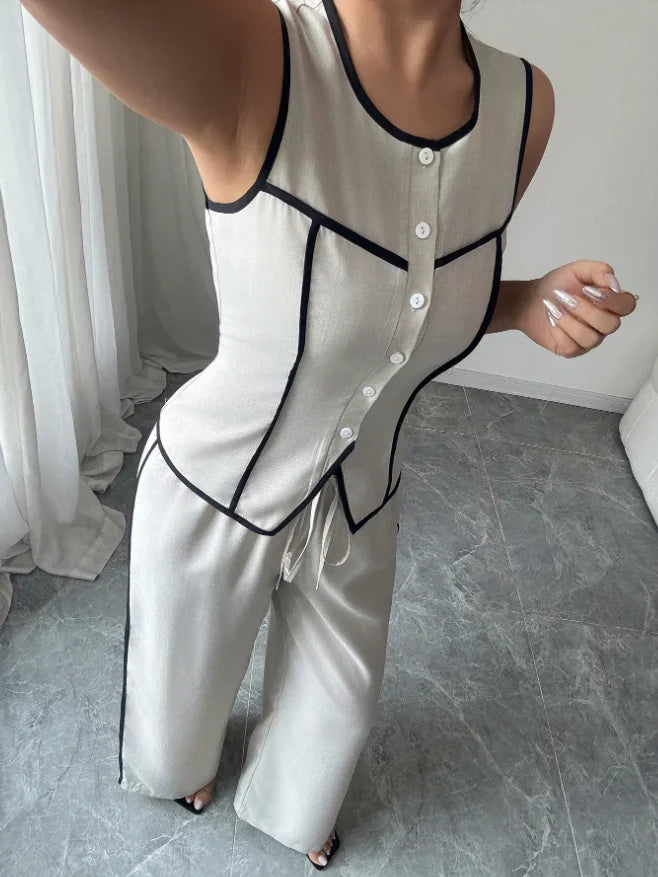 New Women's Elegant Button Vest & Wide Leg Pants Set Temperament Two Piece Outfits Woman Summer Fashion Two-Piece Casual Sets