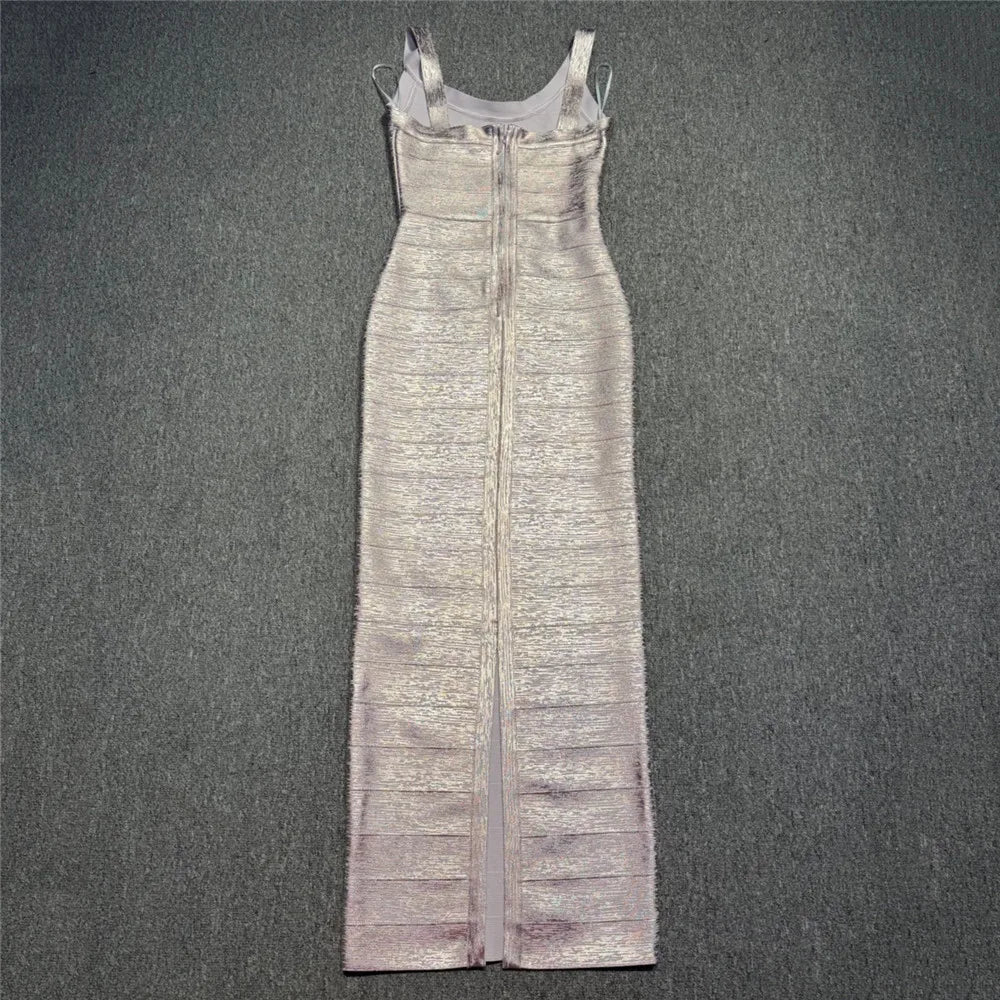 Fashionable Hot Stamping Women Spaghetti Strap Bandage Dress Celebrity Party Maxi Dresses