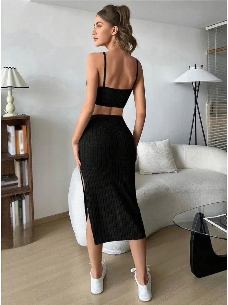 Ribbed Knit Women Two Piece Set Strap Crop Top High Waist Side Slit Midi Skirt Solid Bodycon Matching Outfit Casual Streetwear