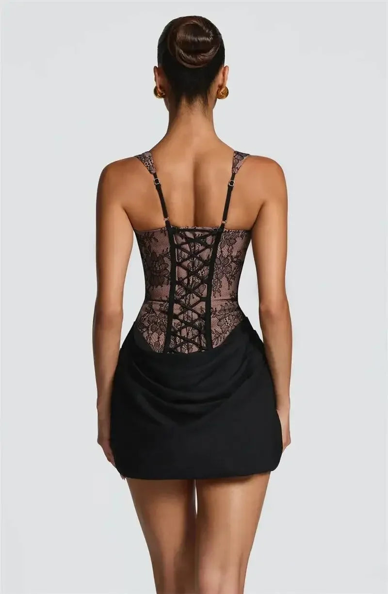 Satin Lace Corset Patchwork Mini Dress Women Square Neck Wide Strap Ruched Bodycon Short Dresses Sexy Club Party Cocktail Robes