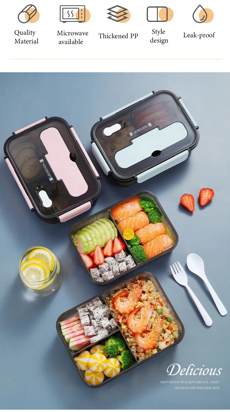 1500ML Lunch Box Food Storage Box 3 Grids Student Office Worker Microwave Bento Box Outdoor Picnic Container With Fork Spoon