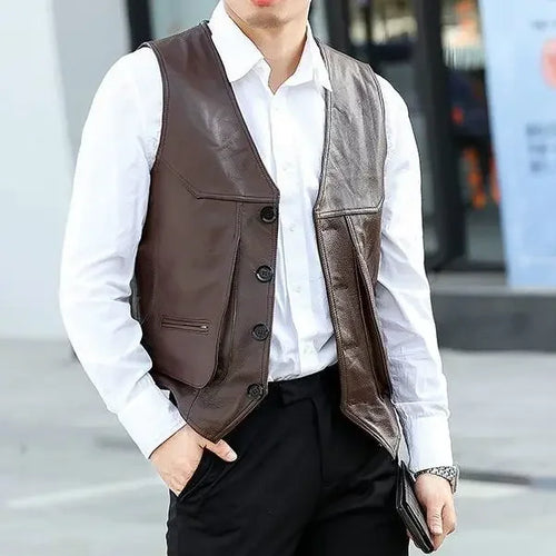 2024 Men Spring Autumn New Genuine Leather Motorcycle Vest Mens Real Cowhide Leather Waistcoat Male V-neck Sleeveless Coat D412