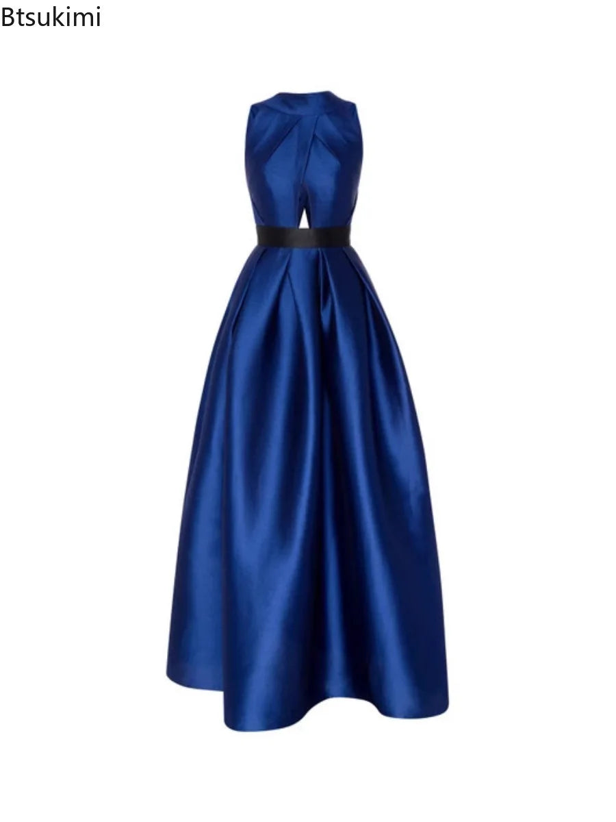 2026 Elegant Halter Satin Party Dresses for Women Spring Sexy Draped Solid Slim Long Dress Woman Hollow Out Pocket Evening Dress