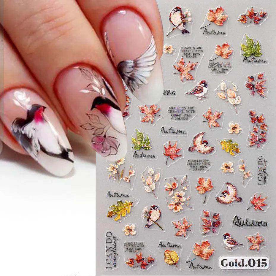 2/4pcs 5D Laser Autumn Bird Decals Fall Embossed Maple Leaves Squirrel Nail Sticker Fruits Flower Engraved Charm Manicure Decor