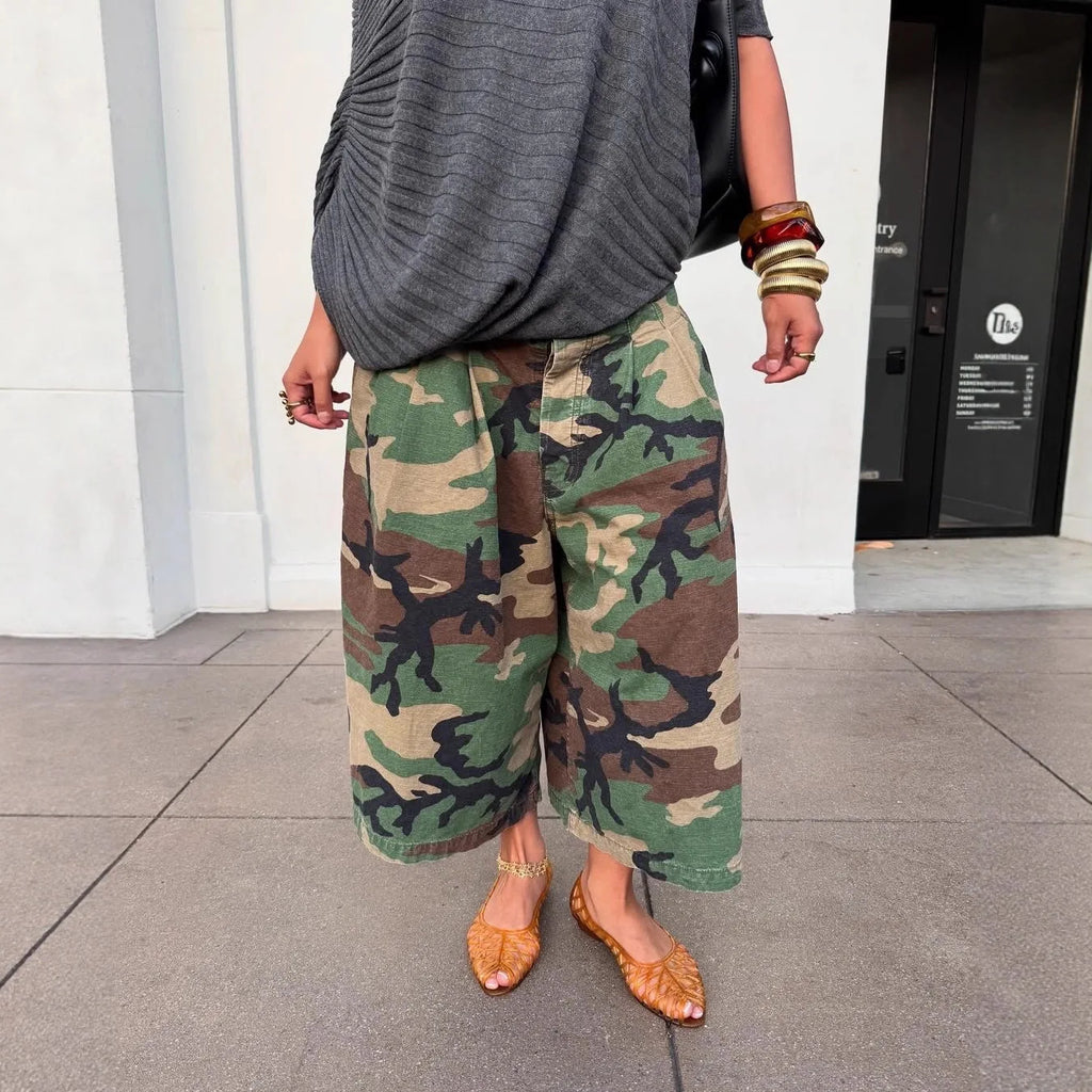 Women's Camouflage Wide Leg Pants Loose Casual High Waist Trousers Vintage Pockets Cropped Pants 2025 Streetwear Harajuku Capris