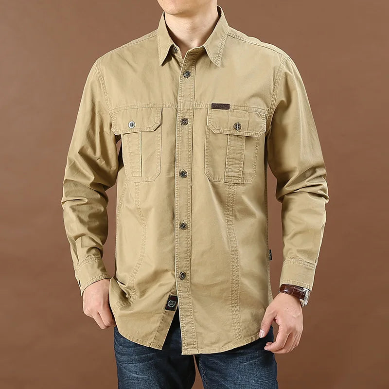 100% Cotton High Quality Spring Fall Fashion Men's Long-Sleeve Solid Color Casual Shirt Multi Pocket 6XL Large Size Cargo Jacket