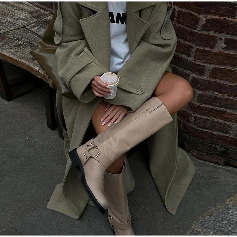 Whisper Lumi Vintage Double Breasted Lapel Women Long Coat Elegant Loose Jacket With Belt Autumn Casual Ladies Streetwear
