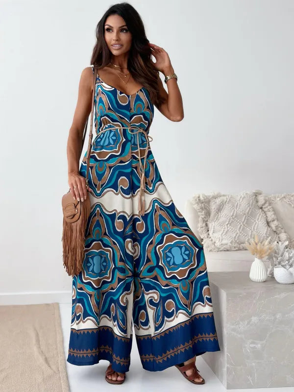 Elegan V-neck High Waist Jumpsuit Women's Fashion Pattern Print Loose Long Romper Causal Sleeveless Wide Leg Playsuit Women