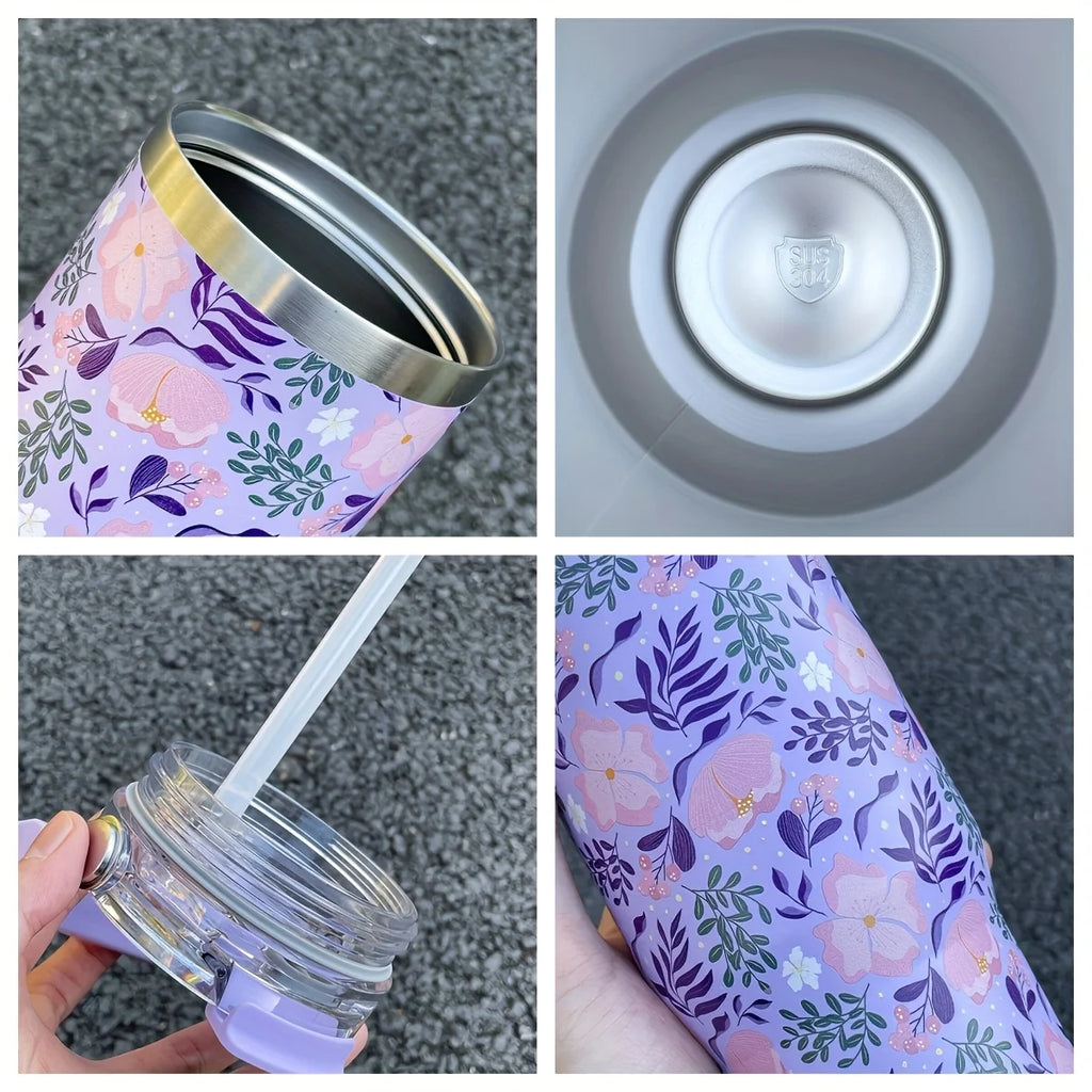 1pc Lightweight Luxury Floral Stainless Steel Thermos Flask 900ML Large Capacity Outdoor Water Bottle with Straw and Handle