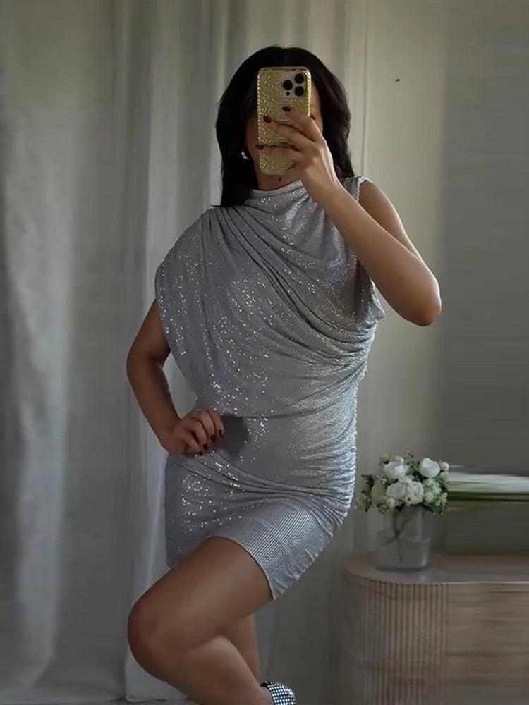 Chic Sequin Solid Dress Women Sexy O-neck Sleeveless Pleated Waist-cinched Empire Dresses Elegant Party Spring Lady Gown 2026