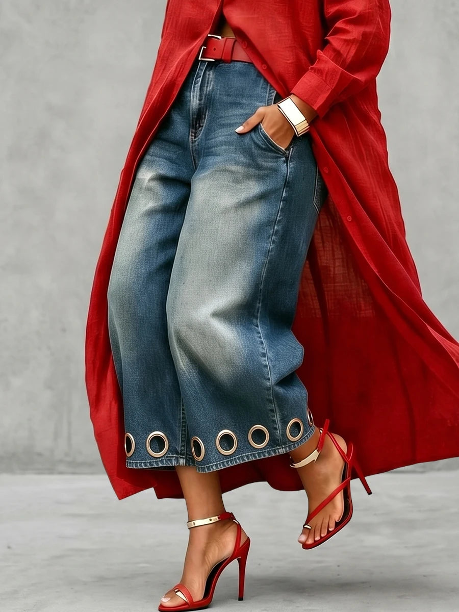 Women Wide Leg Cropped Jeans High Waist Loose Fit Hollow Eyelet Hem Pocketed Denim Pants Casual Street Outfits Women's Shorts