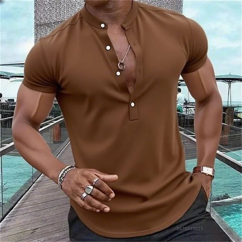 Men's Short-Sleeved Casual Shirt Hawaiian Style Shirt Solid Black Shirt Stand Collar Design Suitable for Beach Vacation XS-5XL