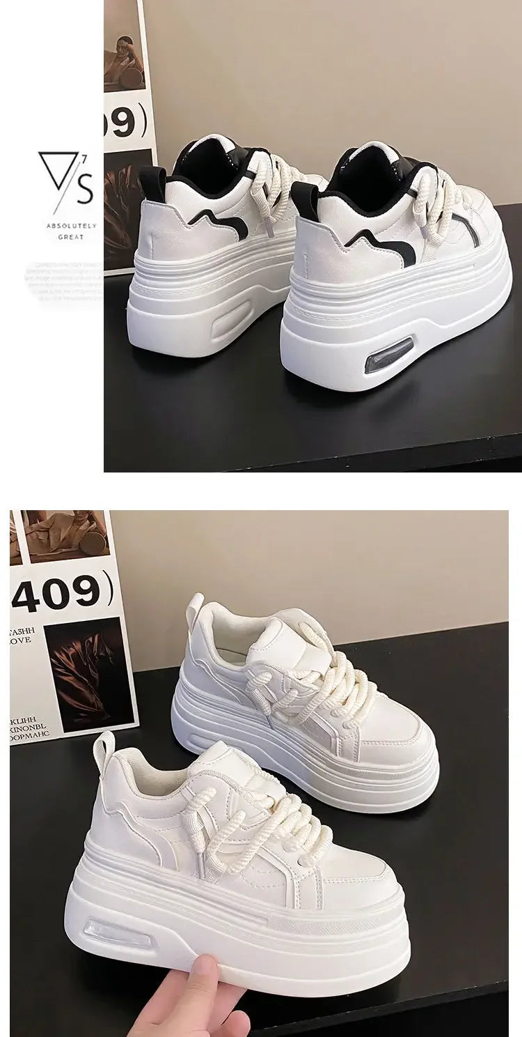 Fashion Platform Sneakers Women Spring Autumn Comfort Round Toe Lace-up 8CM Thick Bottom Black White Casual Sport Shoes