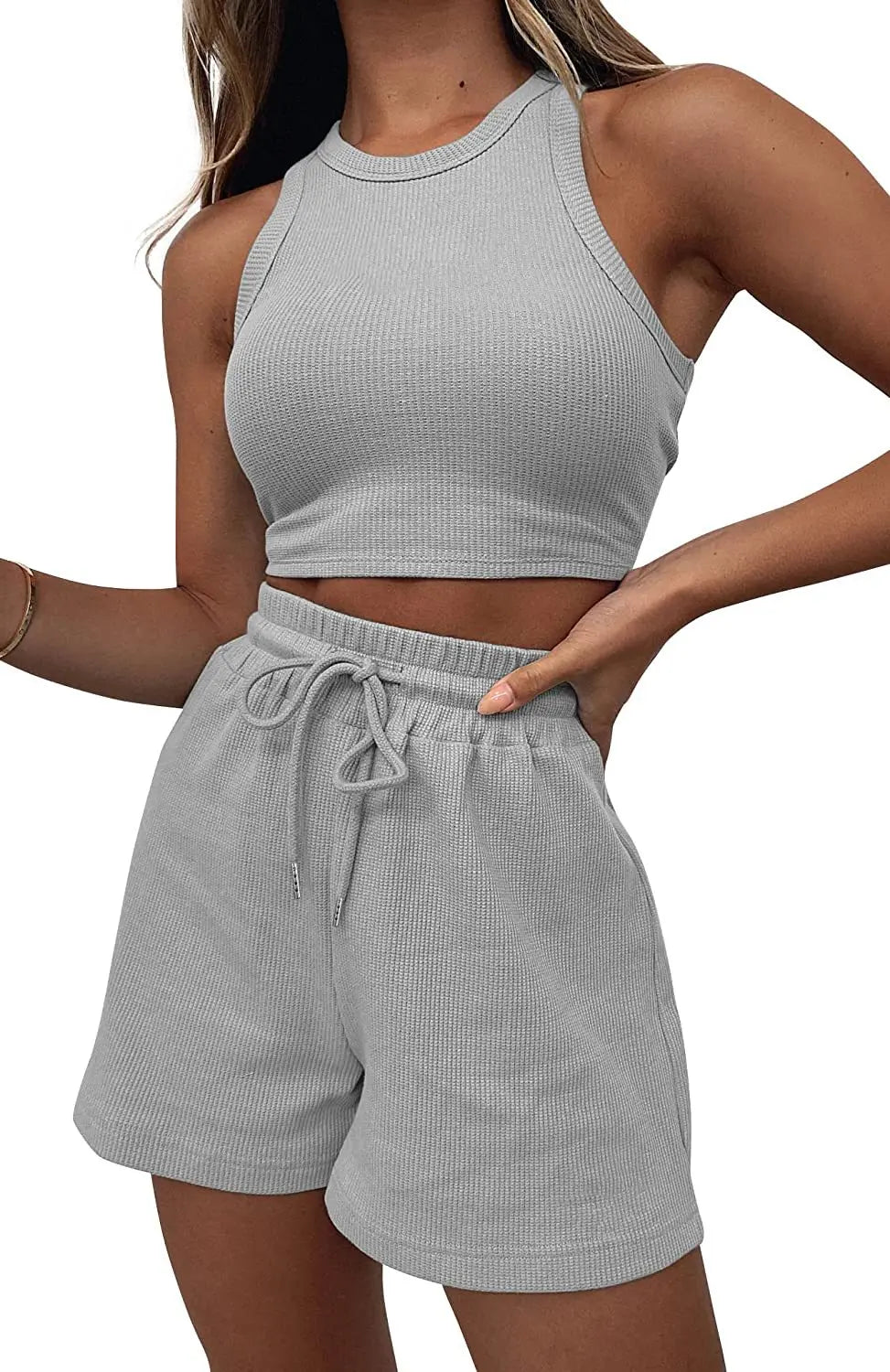 Women Shorts Outfit Solid Sleeveless Ribbed Crop Tank And Drawstring Shorts Casual Tracksuit Workout Set 2 Piece Lounge Set