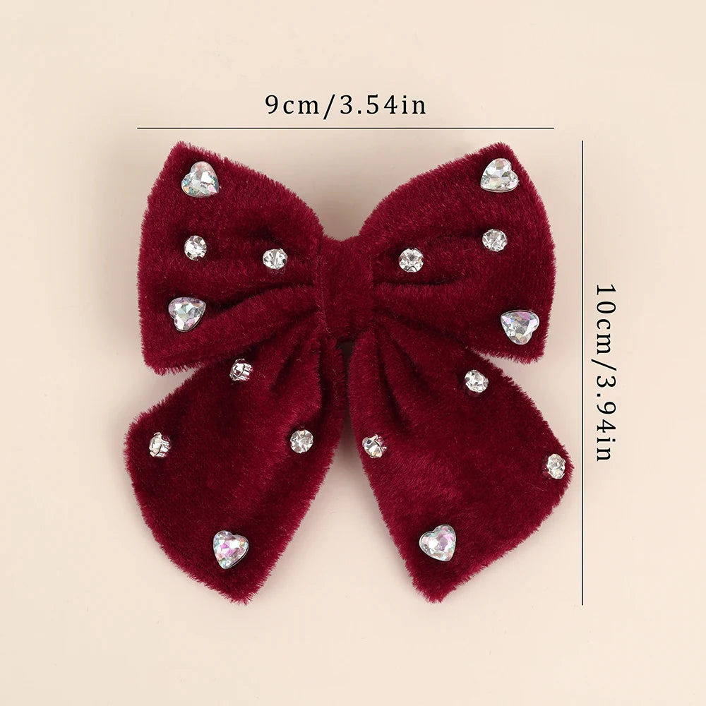 2Pcs Girls Velvet Bow Hair Clips Elegant Heart Shape Rhinestones Hairpins Vintage Burgundy Barrette Fall/Winter Hair Accessories