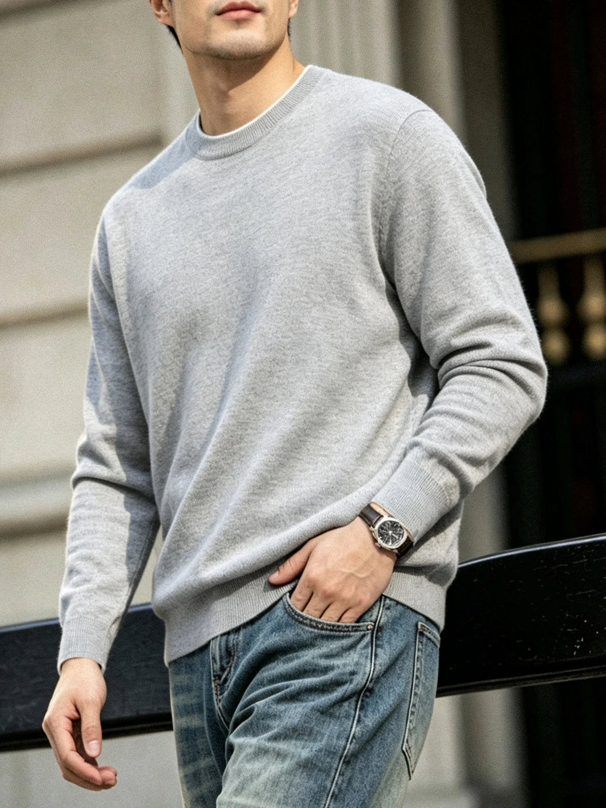 Men's Light Grey round Neck Knitted Sweater Long Sleeve Basic Style Commute Knitted Base Shirt Casual Comfortable Lenzing Fabric