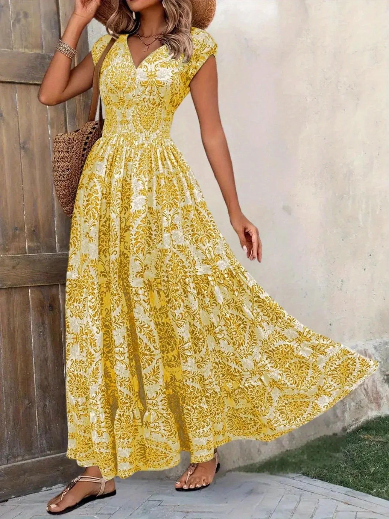 Women's Summer Retro Fashion Floral Printed Sexy V-neck Short Sleeve High Waist Medium Length Bohemian Loose Holidays Dresses