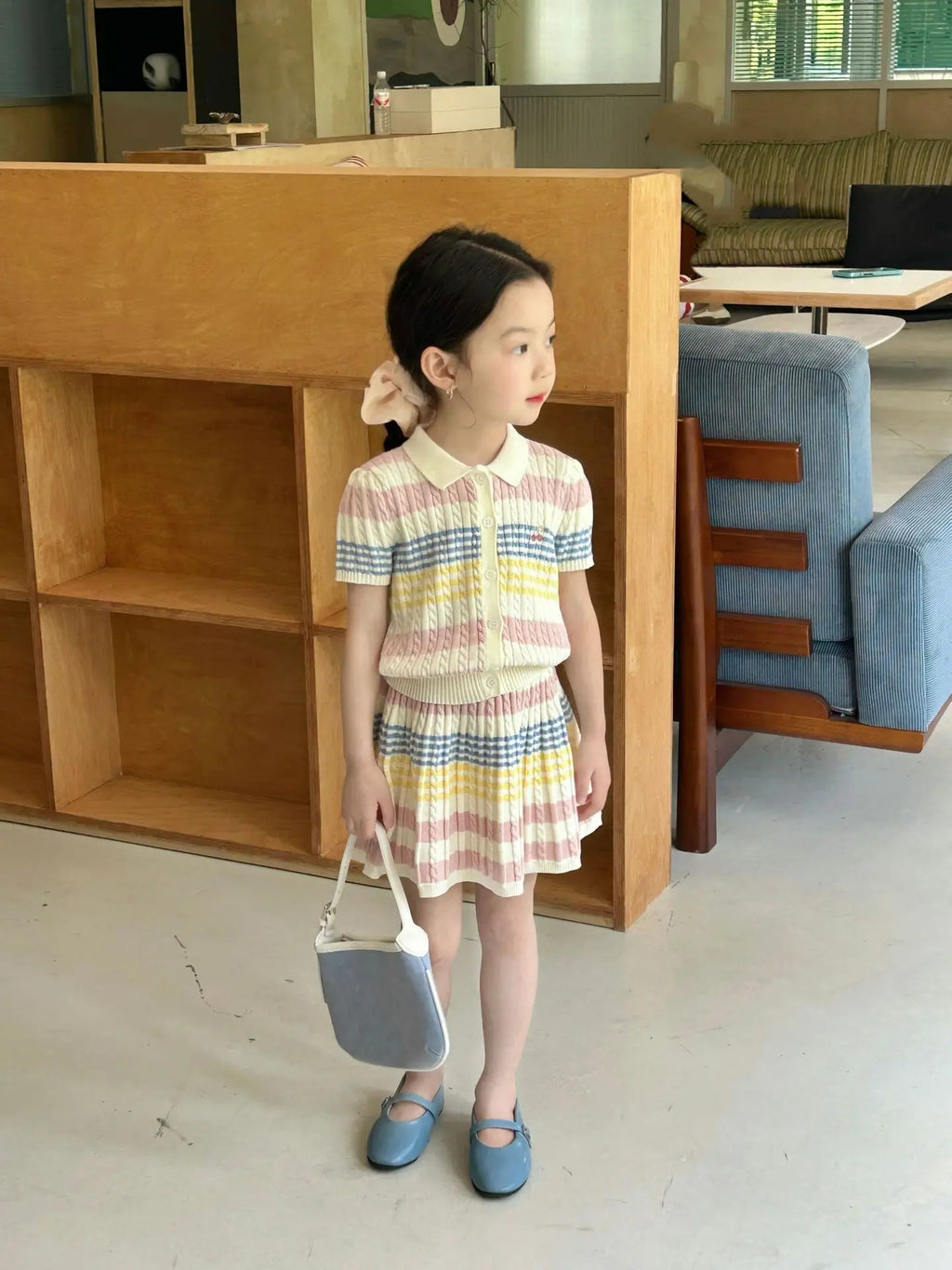 Girls Suit 2025 Summer New Childrens Clothing Korean Style Girl Baby Stripe Tie-in Color Cardigan Skirt Two Sets of Casual Daily