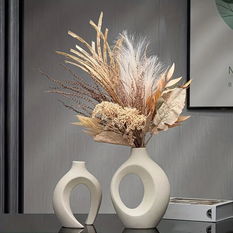 Minimalist White Ceramic Vase Set of 2 Hollow Nordic Modern Home Decor