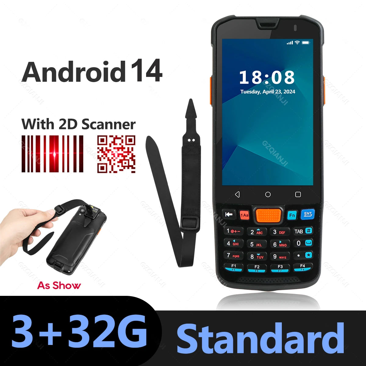 Android 14 Handheld PDA Portable Terminal 1D/2D Barcode Scanner Data Collector with NFC WIFI 4G 3+32GB Running Charger Station