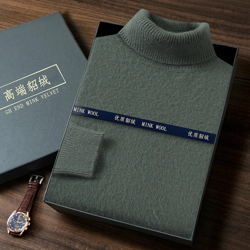 2024 Autumn Winter New Men's Casual High Collar Mink Cashmere Sweater Versatile Loose Pullover Knitted Sweater Warm Base Sweater