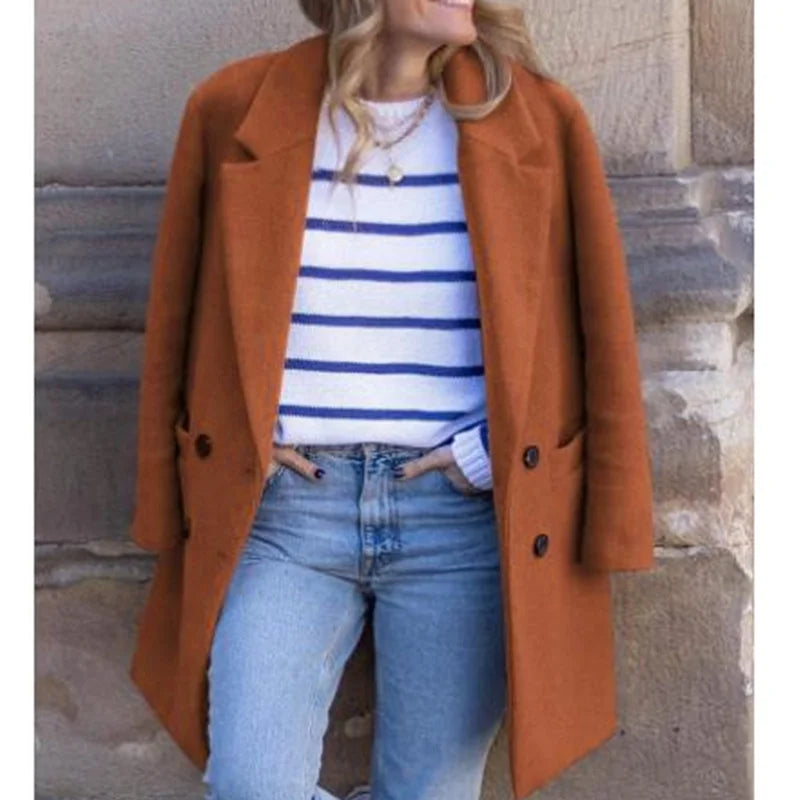 Winter Women's Wool Blend Coat Double Breasted Turn-down Collar Female Outerwear Fashionable Warm Clothing for Ladies