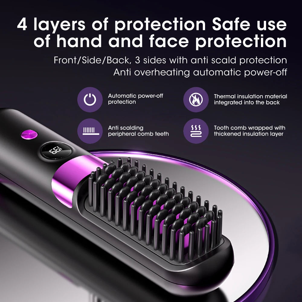 Cordless Hair Straightener 4 Temp LCD Display Anti-scald Hair Straightening Brush Portable Rechargeable Hair Styler Travel Women