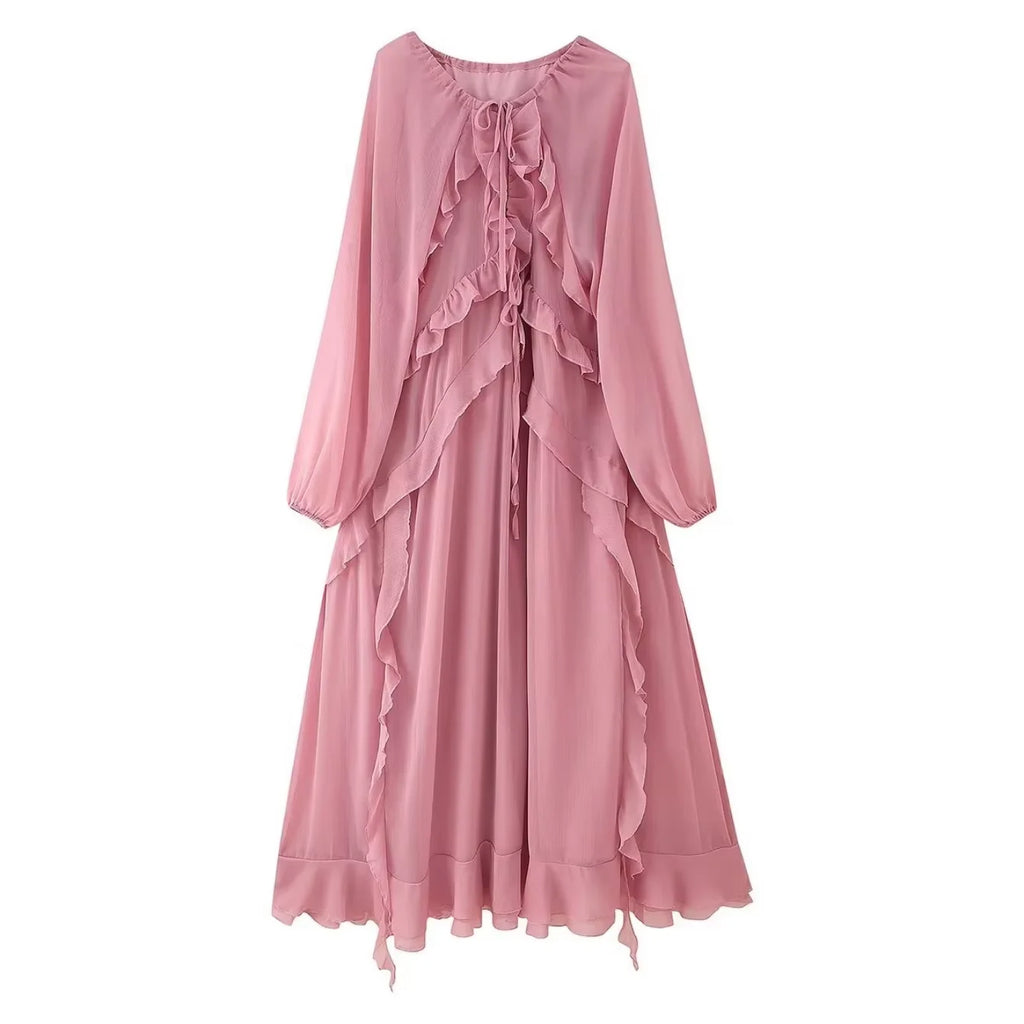 2026 Casual Solid Ruffles Patchwork Robe Women Minimalist Full Sleeve Mesh Loose Fit Lace Up Maxi Dress Vacation Daily Date Wear