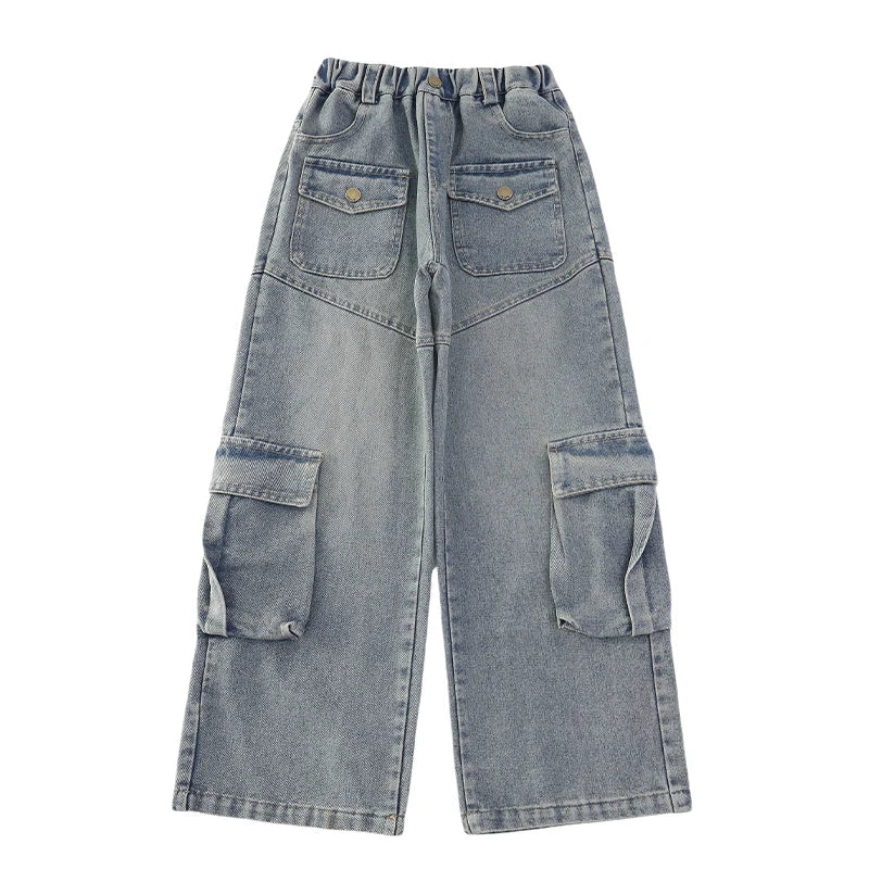 Elegant Fashion Kids Children Cargo Jeans Pants with Multi Pocket for Teenage Girls Loose Straight Casual Denim Trousers 5-14 Y