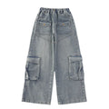 Elegant Fashion Kids Children Cargo Jeans Pants with Multi Pocket for Teenage Girls Loose Straight Casual Denim Trousers 5-14 Y