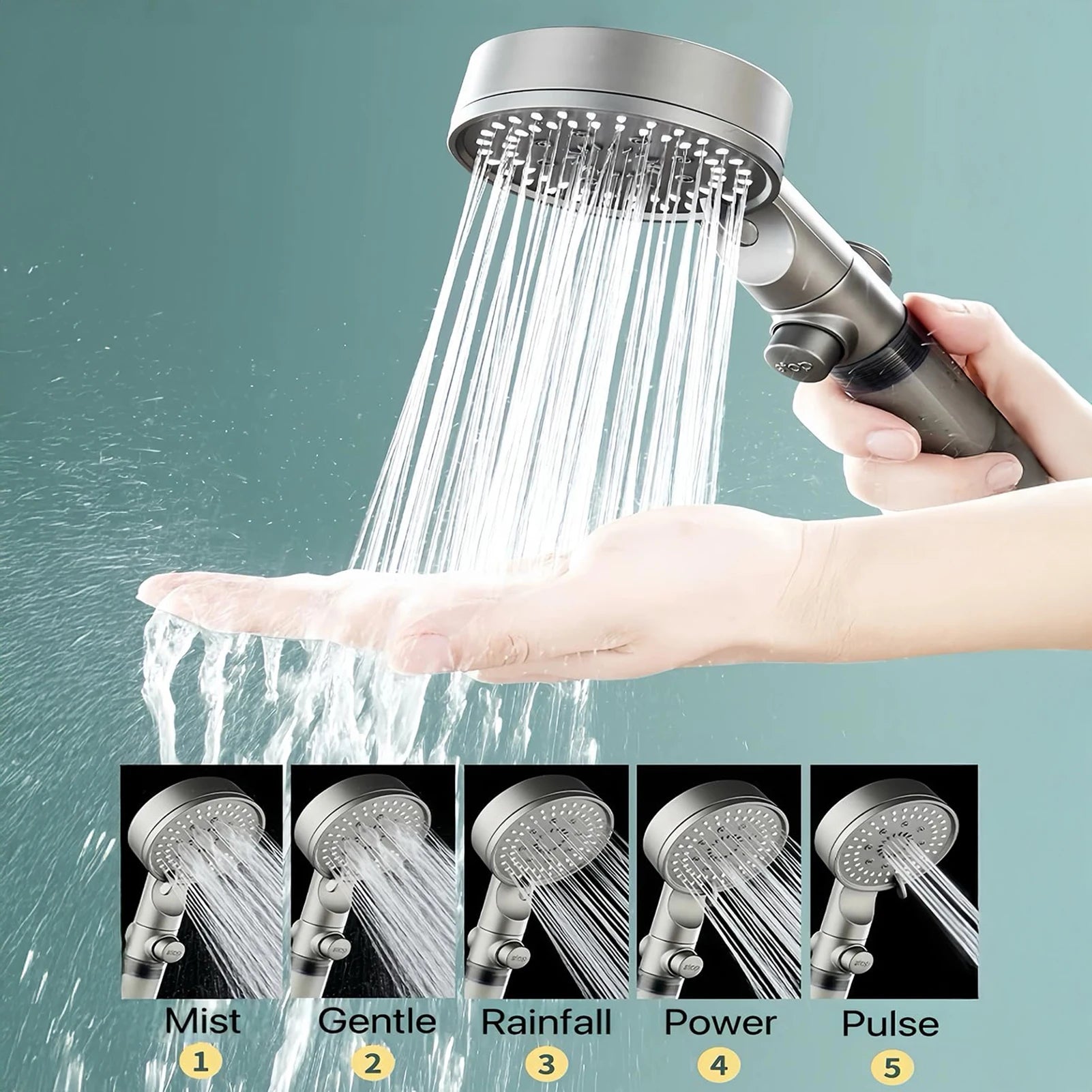 Hydro Boost High Pressure Shower Head 5 Spray Modes Stainless Steel Water Saving Filter Showerhead With Strong Flow For Bathroom