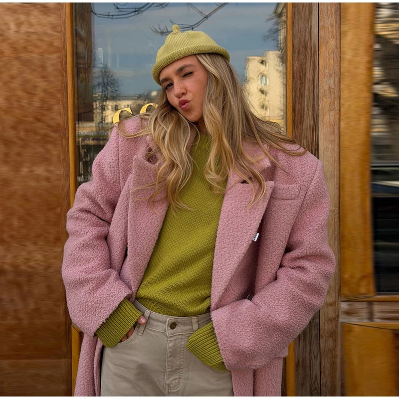 Women's Long Overcoats Lapel Full Sleeve Oversized Woolen Coats Autumn Female Double Breasted Solid Loose Jackets New Outerwears