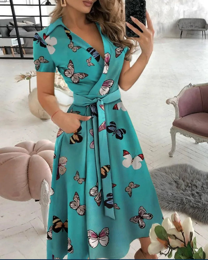 Rainbow Striped Print Summer Dress 2023 Women Button Up Short Sleeve Casual Vintage Shirt Long Dress Ladies Elegant Maxi Dresses