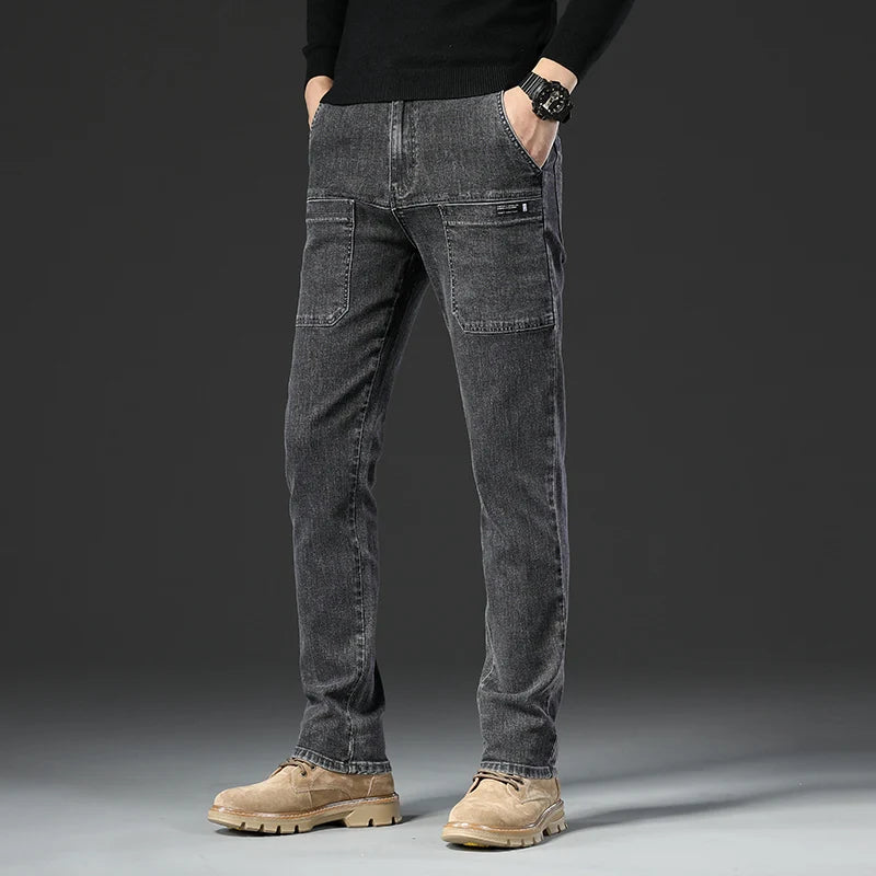 6 Pocket Design Denim Jeans Men's 2025 New High Elasticity Denim Casual Trousers Straight Male Pants Fashion Mid-waist Jeans