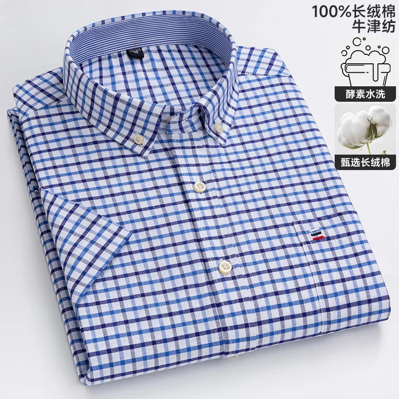 New 100% Cotton Oxford Men's Shirts Short Sleeve Plaid Soft Regular Fit Formal Dress Shirt Social Blouse Male Clothes 6XL 7XL