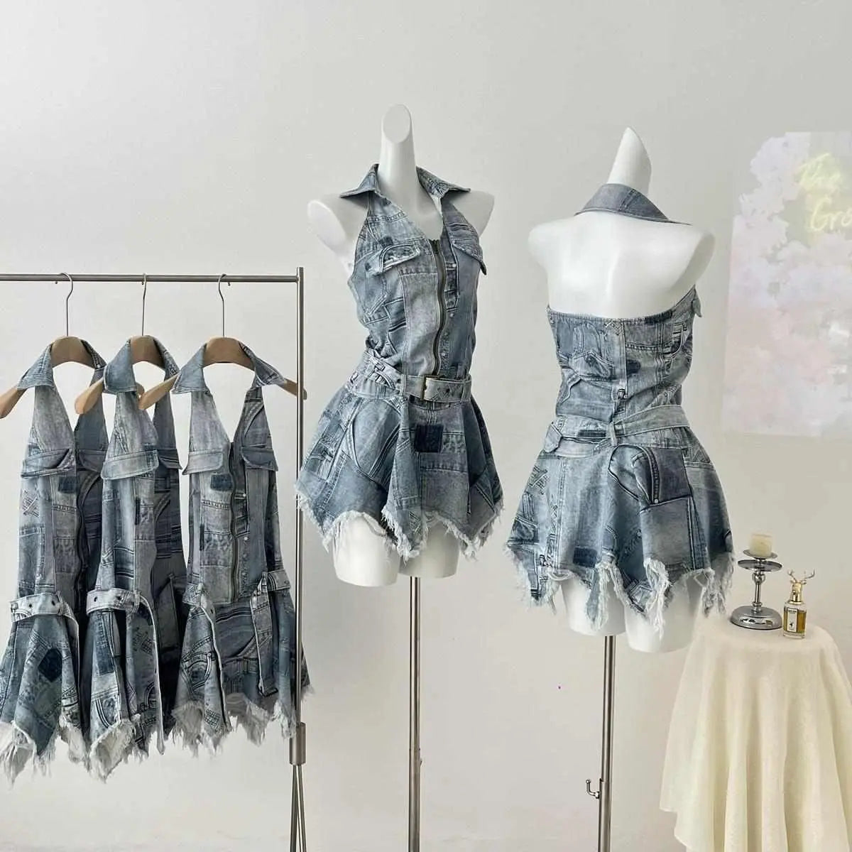 American Denim Waist-cinching Halter Neck Backless Sexy Casual Dress for Women, Distressed Retro Spliced Short Skirt