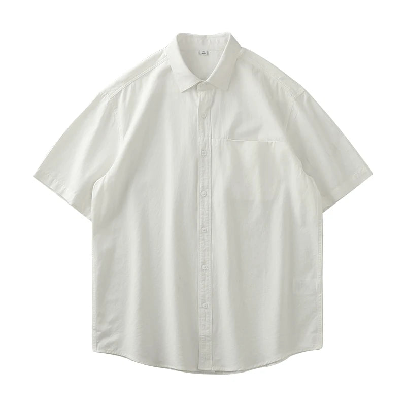 Dukeen Heavyweight Short-Sleeved Shirt Men's Summer Solid Color Lapel Pocket Casual Shirt Cotton White Shirts