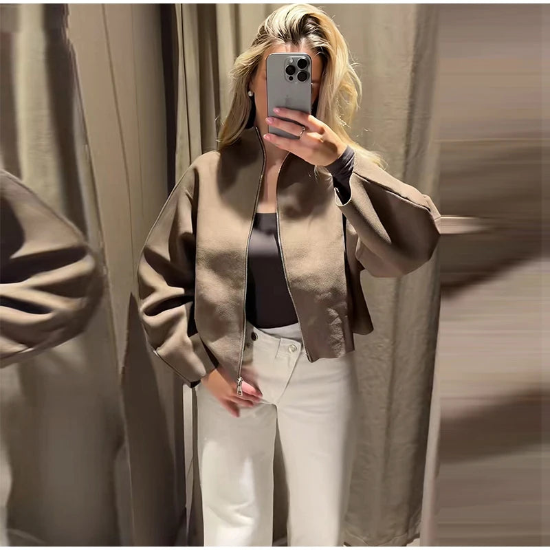 Elegant Knitted Zipper Women's Sweater Solid Full Sleeve Stand Collar Loose Open Stitch Female 2026 Fashion Autumn Outwear Lady