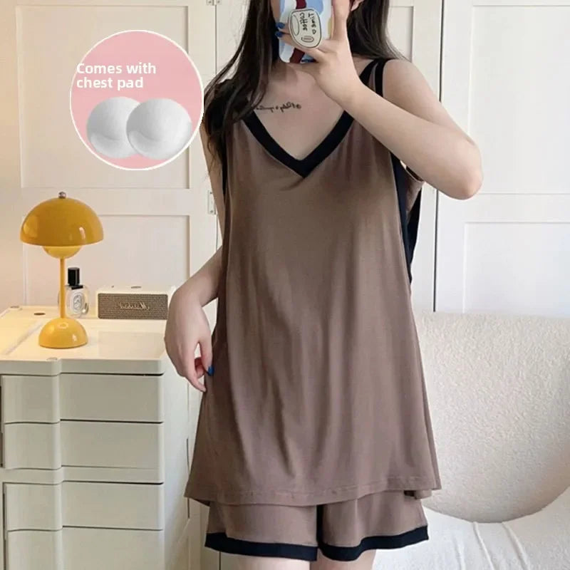 Women Sleeveless Summer Casual 2/pce Set Girls Spaghetti Strap Vest Shorts Outfit Lady Color Blocked Bra Pad Fashion Loungewear