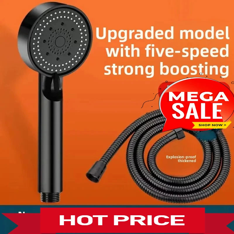 High-Pressure Handheld Shower Head with Stand and Hose - 5 Adjustable Water Flow Modes, Round Plastic Bathroom Accessory