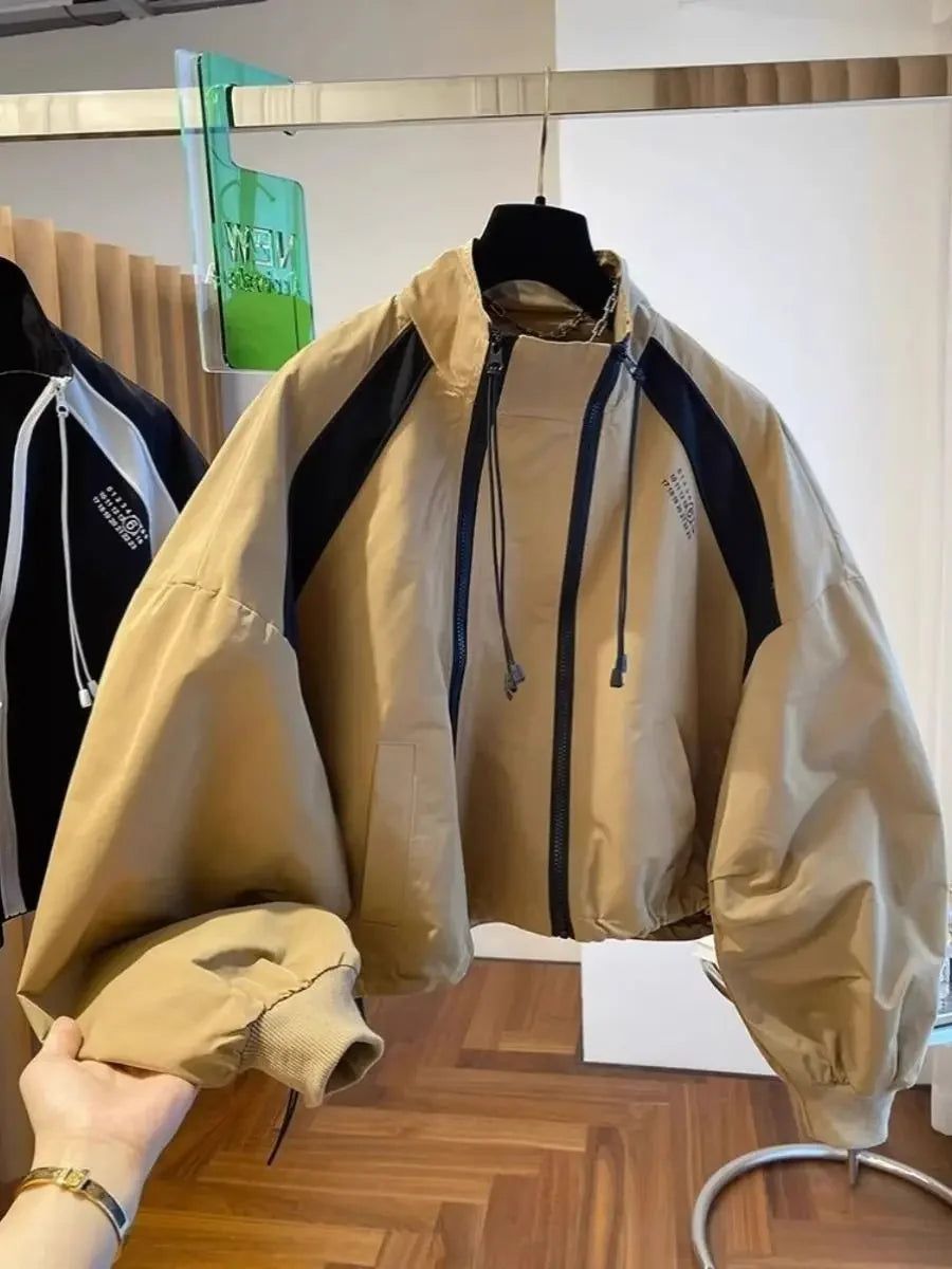 Retro Street INS Style Double Zipper Women's Stand Up Collar Jacket Spring and Autumn Casual Loose Y2k Long Sleeve Top Coat
