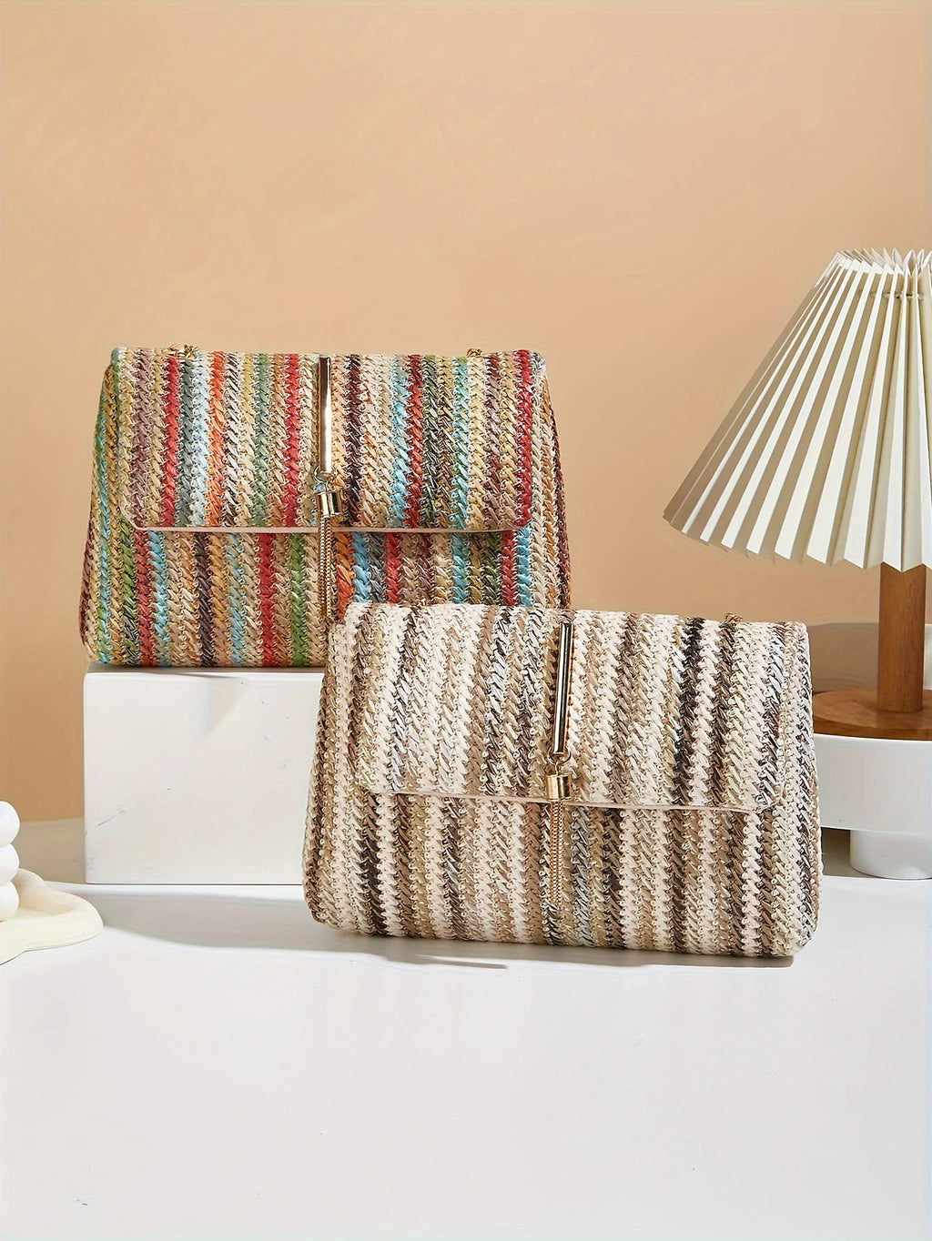 Chic Rainbow Stripe Straw Crossbody Bag for Women Adjustable Shoulder Strap Magnetic Closure Tassel Accent, Fashion Square Purse
